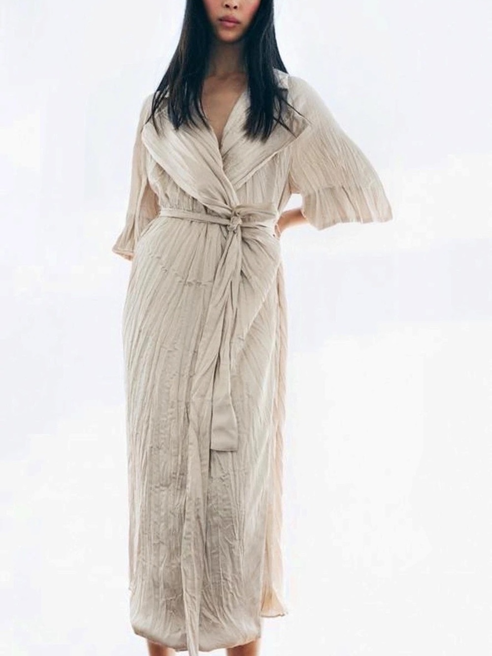 Zara ZW Collection Pleated Belted Dress Midi Dress Beige